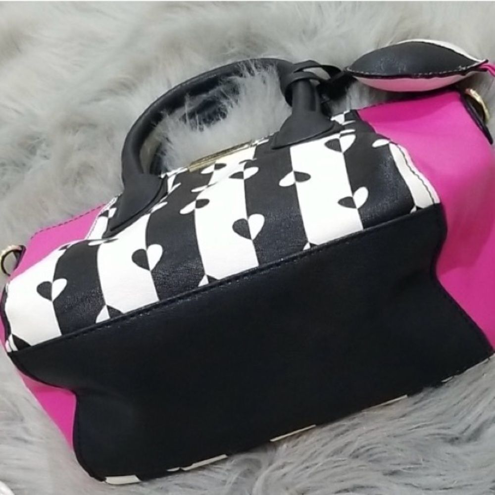 Betsey Johnson Pink and Black Satchel with Heart Print - Picture 14 of 16